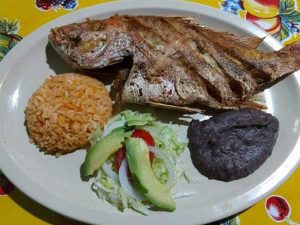 Pescado frito en el Restaurante Doña Paty en la Laguna de Tampamachoco en Tuxpan, Veracruz